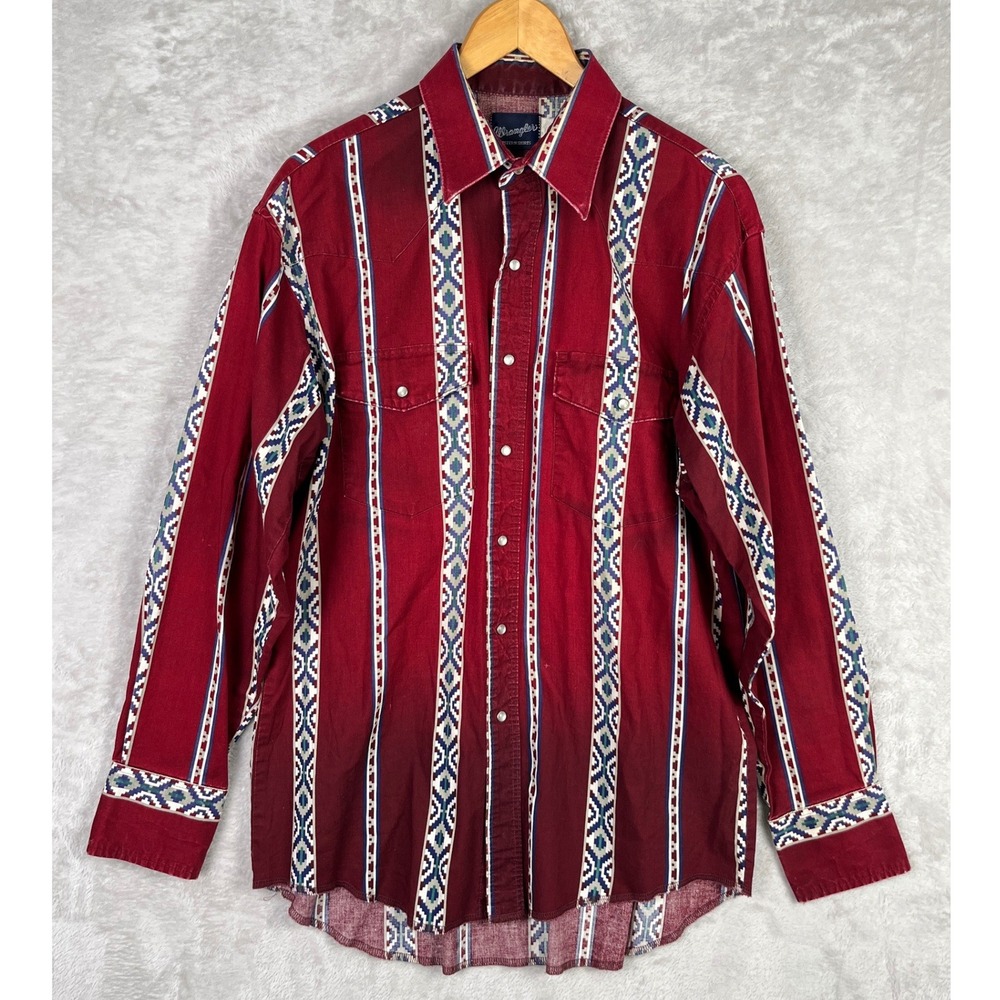 Wrangler Mens Western Shirt L Aztec Stripe Pearl Snap Brushpopper Southwestern